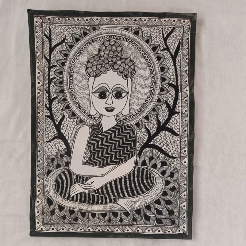 Black & White Buddha Folk Art Painting