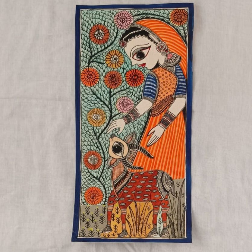 Madhubani Woman with Deer Folk Art Painting