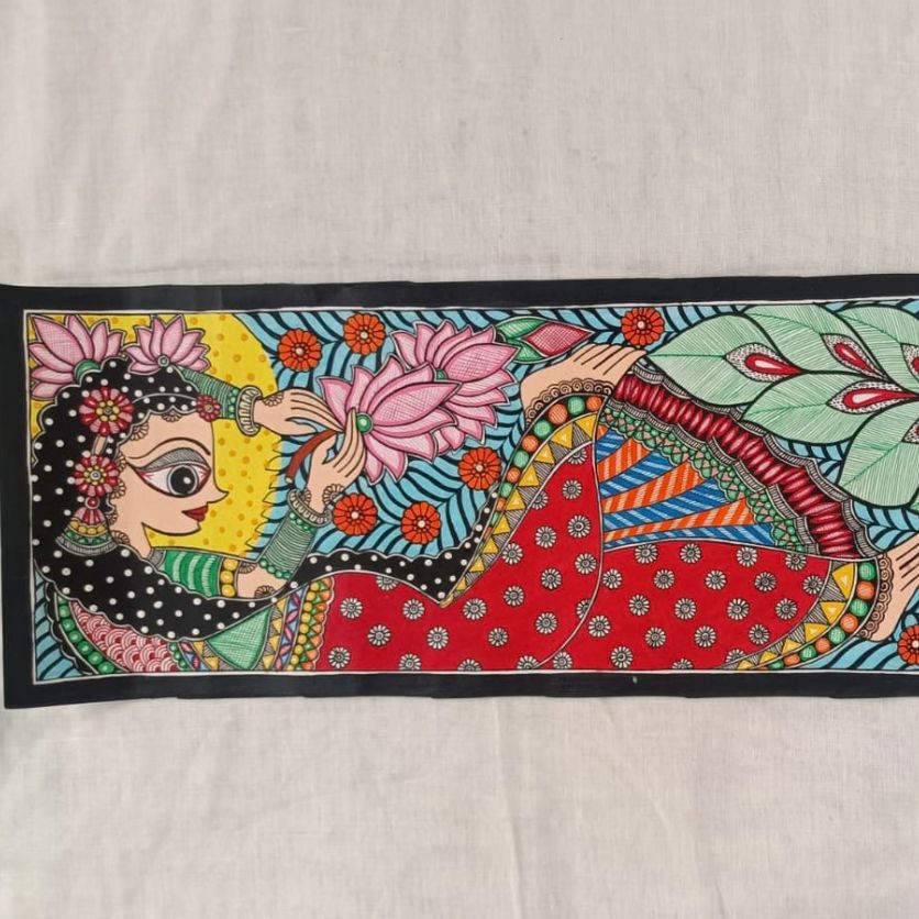 Traditional Women with Lotus Madhubani Painting