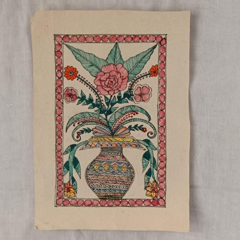 Traditional Flower Vase Madhubani Folk Art Painting