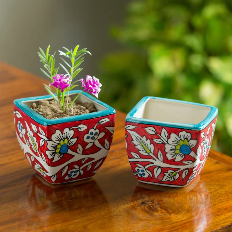 'Mughal Roots' Floral Hand-painted Ceramic Planter Pots (Set of 2)