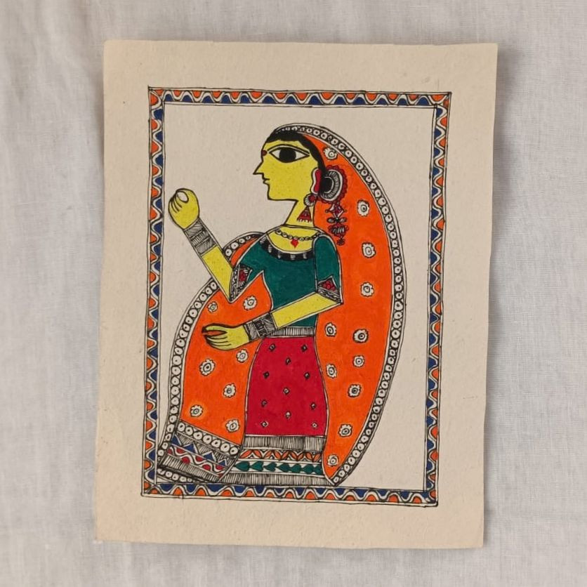 Traditional Sitting Lady Madhubani Folk Art Painting