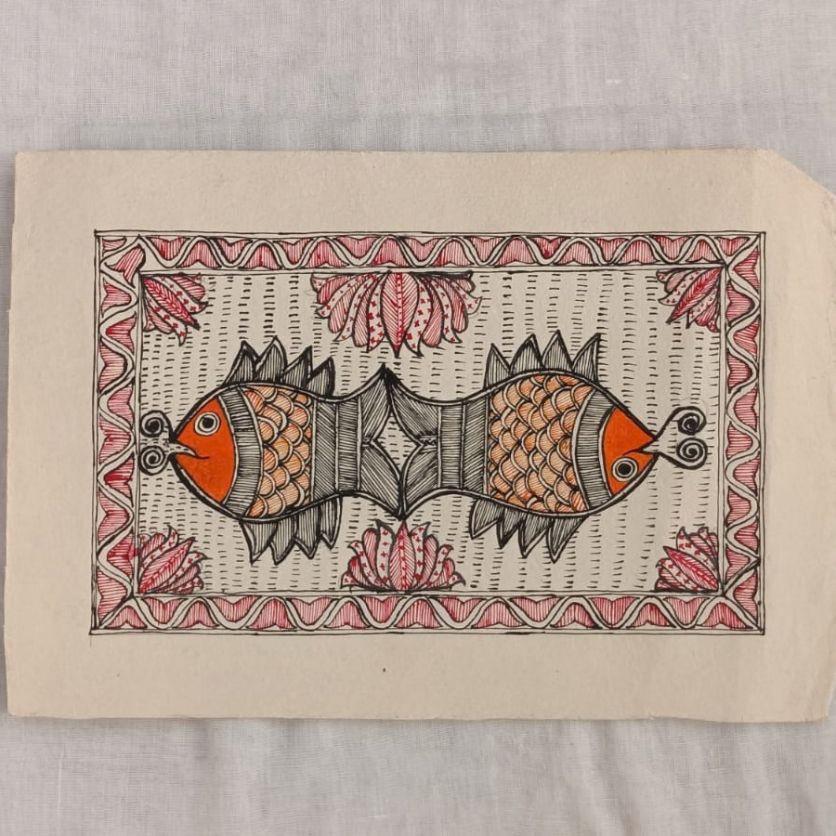 Traditional Twin Fish Madhubani Folk Art Painting