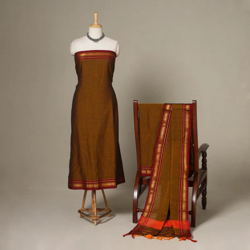 Brown - 3pc Cotton Unstitched Dharwad Dress Material 79