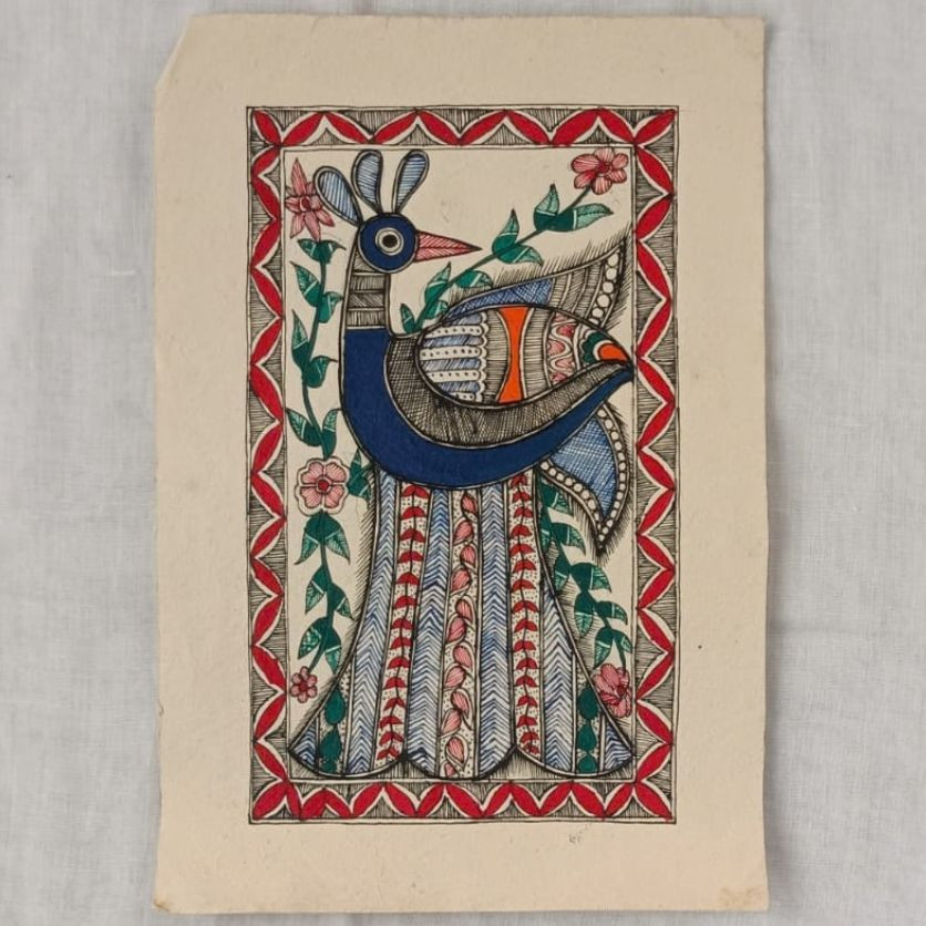 Handmade Peacock Madhubani Folk Art Painting